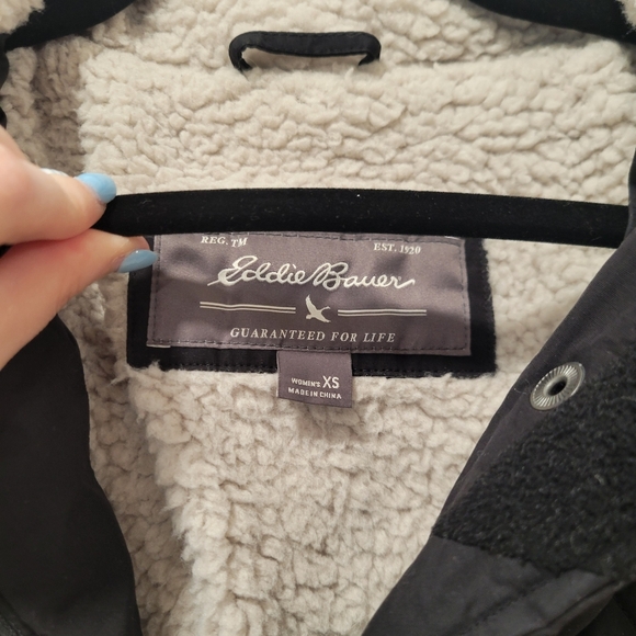 Eddie Bauer Down Quilted Parka Womens XS Black Sherpa Lined Hooded Cinch Waist - Picture 2 of 5